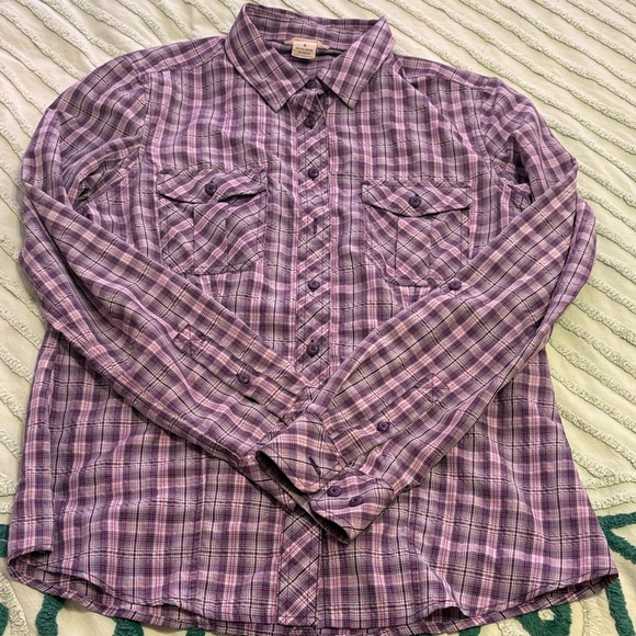 Women’s Duluth Trading Co Purple and White Striped Button Down Shirt.  Size S - Picture 1 of 7